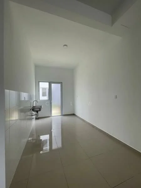 Room features: white painted walls, glossy ceramic tile flooring, single-bowl stainless-steel sink, window with natural light, flush ceiling with recessed lighting, door leading outside; style: modern.