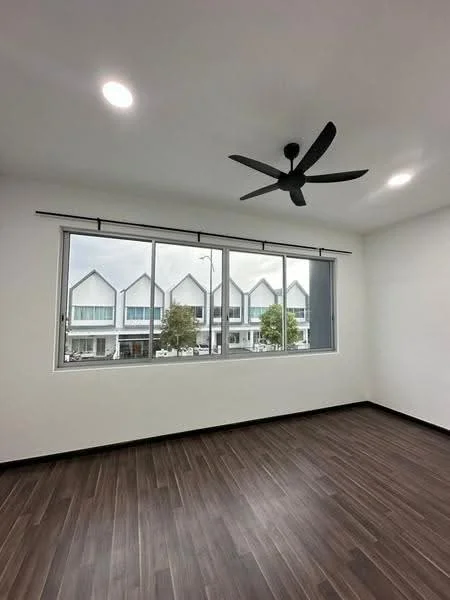 Room features: white painted walls, wooden flooring, 5-blade ceiling fan, large windows, window treatments with curtain rod, natural light from windows, view of neighboring buildings, recessed lighting; style: modern; view: city.