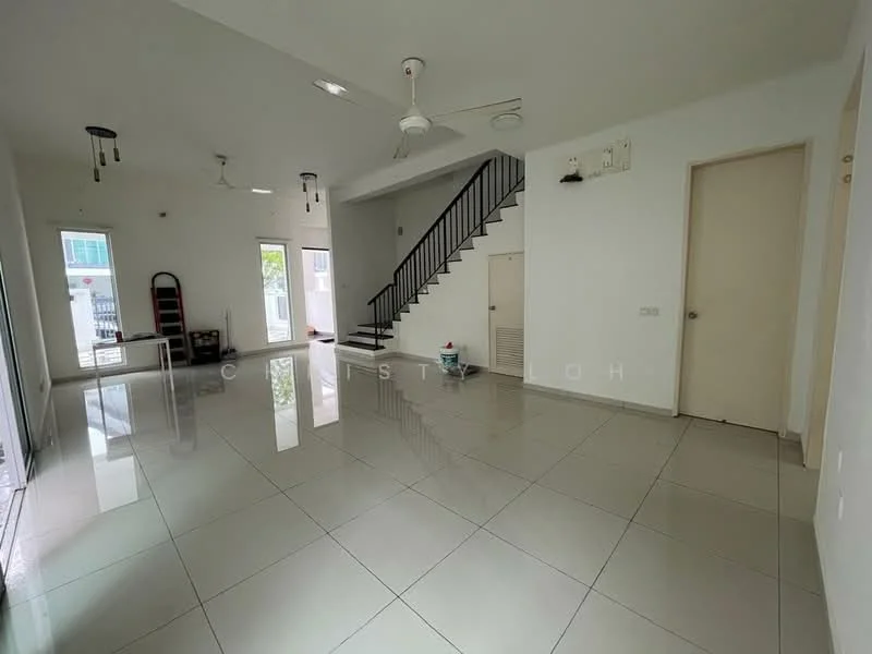 Living features: white painted walls, glossy ceramic tile flooring, 5-blade ceiling fan with light, recessed downlights, large windows with sheer curtains, open layout, staircase with metal railing, door leading to hallway, built-in air conditioning unit; style: modern.