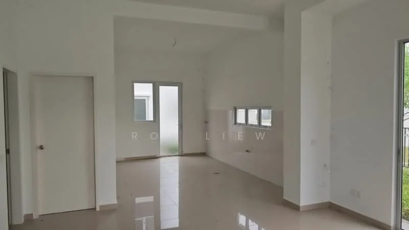 Room features: white painted walls, cream tiled flooring, large windows, door to outside, multiple wall outlets, unpainted ceiling, no visible fixtures, open layout; style: modern; view: garden.