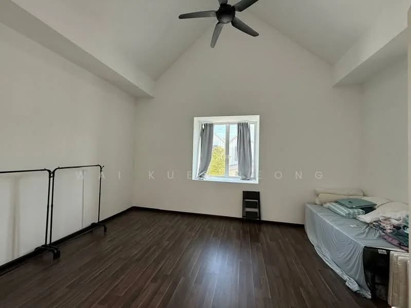 Bedroom features: white painted walls, vaulted ceiling, wooden flooring, 5-blade ceiling fan, single window with sheer curtains, clothes rack, bed with bedding, black storage unit; style: modern; view: garden.