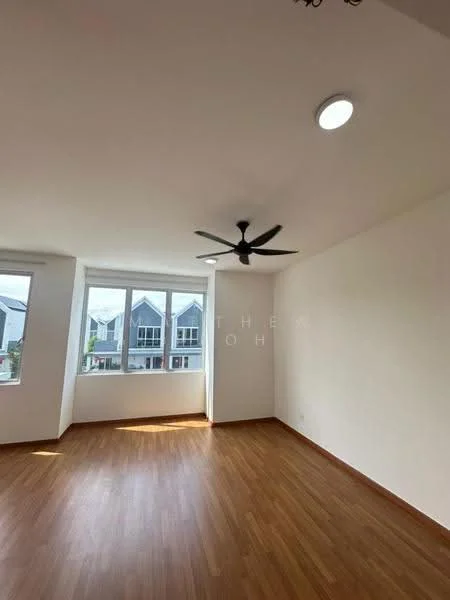 Room features: laminate flooring, white painted walls, recessed downlights, 5-blade ceiling fan, floor-to-ceiling windows, city view; style: modern; view: city.