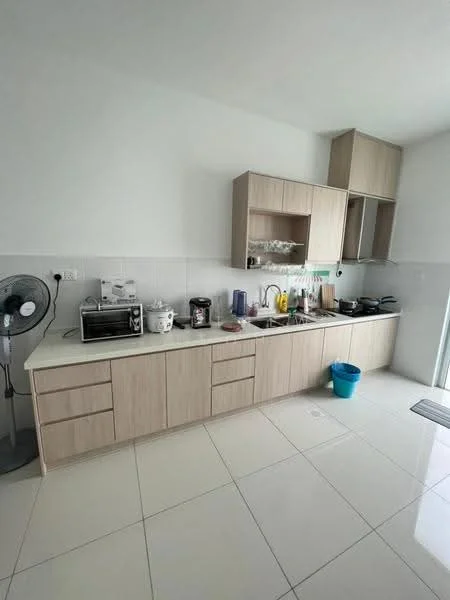 Kitchen features: light wood cabinetry, white countertop, stainless-steel sink, chrome pull-down faucet, built-in oven, toaster, microwave, kettle, dishwasher, ceramic tile flooring, wall-mounted fan, open shelving, blue plastic bucket; style: modern.