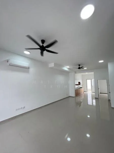 Living features: white painted walls, polished ceramic tile flooring, 2 ceiling fans, 1 wall-mounted split AC, recessed LED downlights, open layout, natural light from windows, neutral color scheme; style: modern.