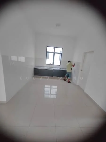 Room features: white painted walls, glossy white tile flooring, single window with clear glass, ceiling light fixture, built-in cabinetry along one wall; style: modern.
