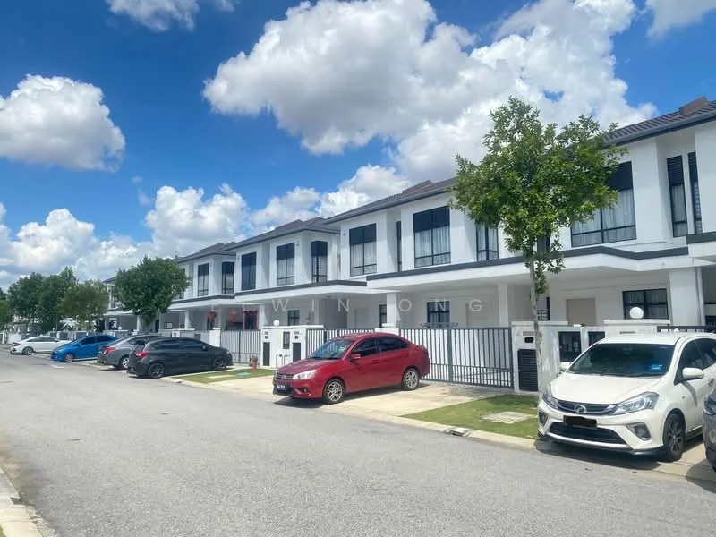 Exterior type: linked terrace house; features: white painted facade, flat roof, 2-storey, manicured lawn, paved driveway, front porch, black wrought iron gate, balconies with glass railings, parking spaces for multiple cars, surrounded by greenery, urban context; style: modern.
