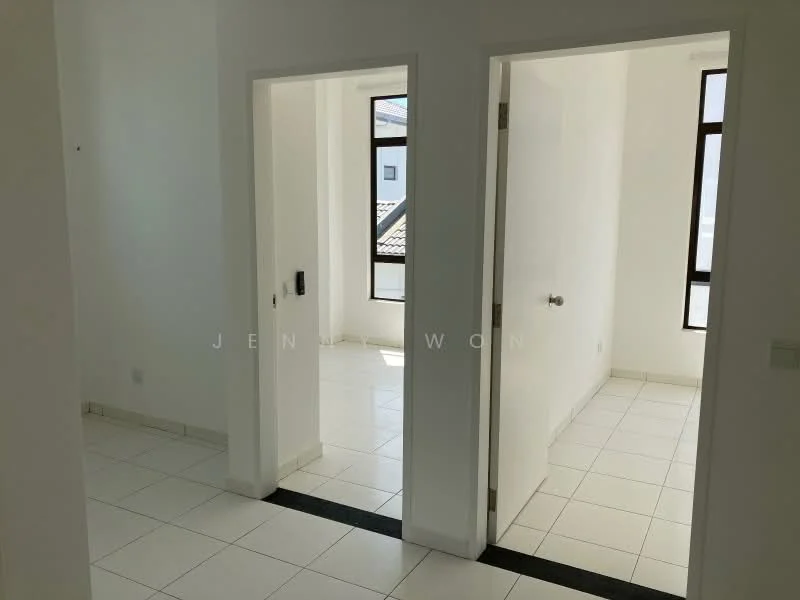Room features: white painted walls, white tiled flooring, two windows, doorway leading to another room, doorway leading to hallway, light switch, door handle; style: modern.
