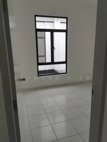 Room features: white painted walls, white tiled flooring, large window with black frame, doorway, minimalist design, no visible furniture, neutral color scheme; style: modern.