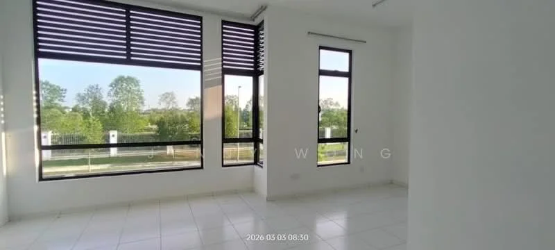 Room features: large floor-to-ceiling windows, white painted walls, white tiled flooring, roller blinds, natural light, view of greenery, corner window, minimalist design; style: modern; view: garden.