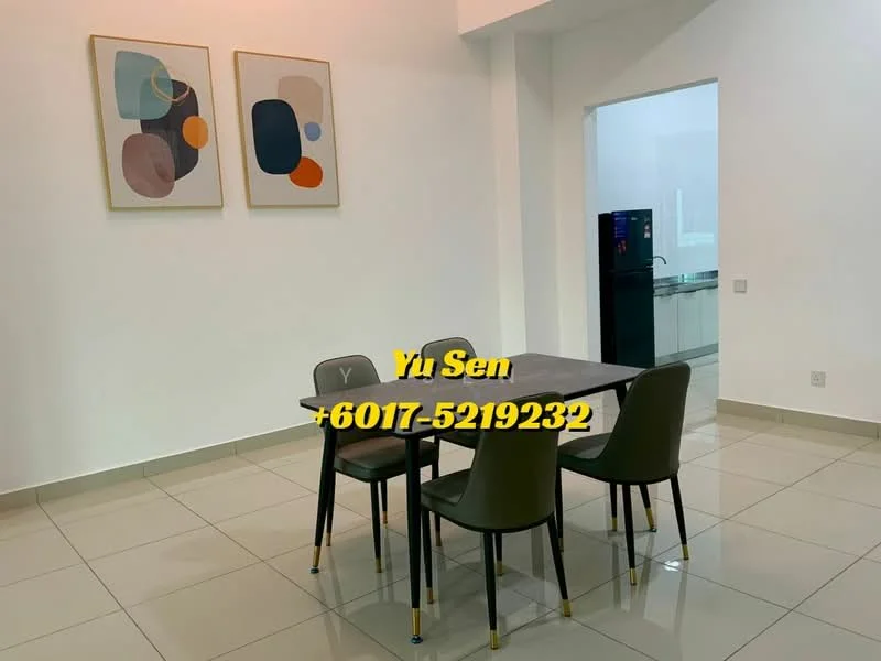 Dining features: 4-seater dining table, grey tabletop, black metal legs, 4 green dining chairs, white painted walls, glossy tile flooring, framed abstract artwork on walls, natural light from adjacent room; style: modern.