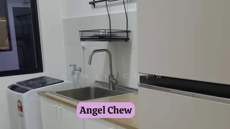 Kitchen features: single-bowl stainless-steel sink, chrome pull-down faucet, white cabinetry, light wood countertop, built-in washing machine, black wire rack above sink, white tiled walls, dark window frame; style: modern.