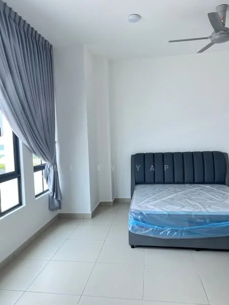 Bedroom features: queen-size bed, upholstered headboard, grey bed frame, floor-to-ceiling windows, grey curtains, white painted walls, tile flooring, ceiling fan; style: modern.