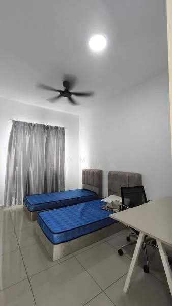 Bedroom features: two single beds with blue mattresses, grey upholstered headboards, white painted walls, glossy tile flooring, ceiling fan, curtains in grey, study desk, desk chair, light fixture in ceiling; style: modern.