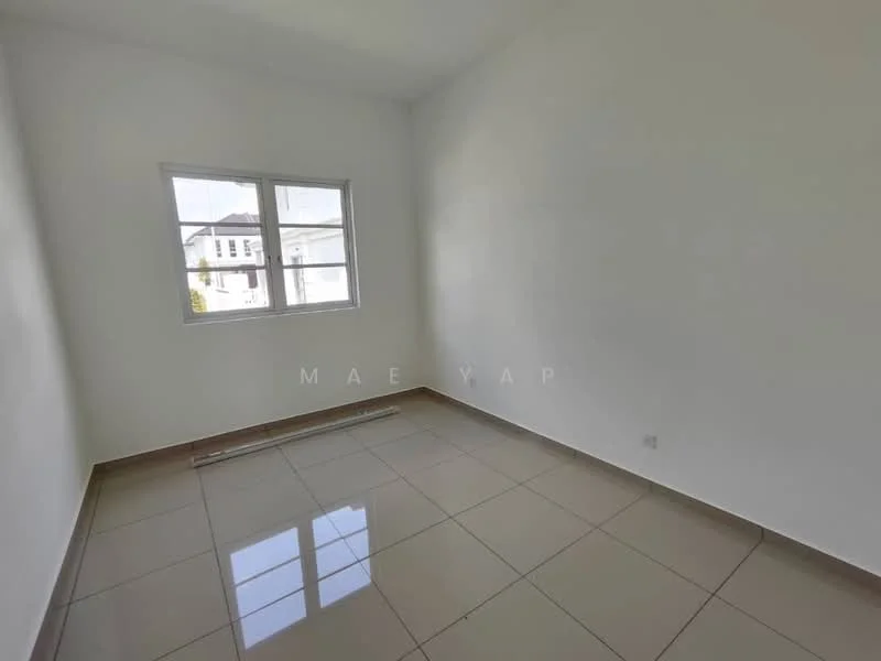 Room features: white painted walls, glossy ceramic tile flooring, single window with white frame, no visible furniture or decor; style: minimalist.