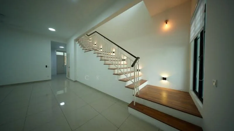 Room features: staircase with wooden treads, white metal railing, white walls, recessed ceiling lights, wall-mounted sconces, large windows, glossy tile flooring, wooden landing at base of stairs; style: modern.