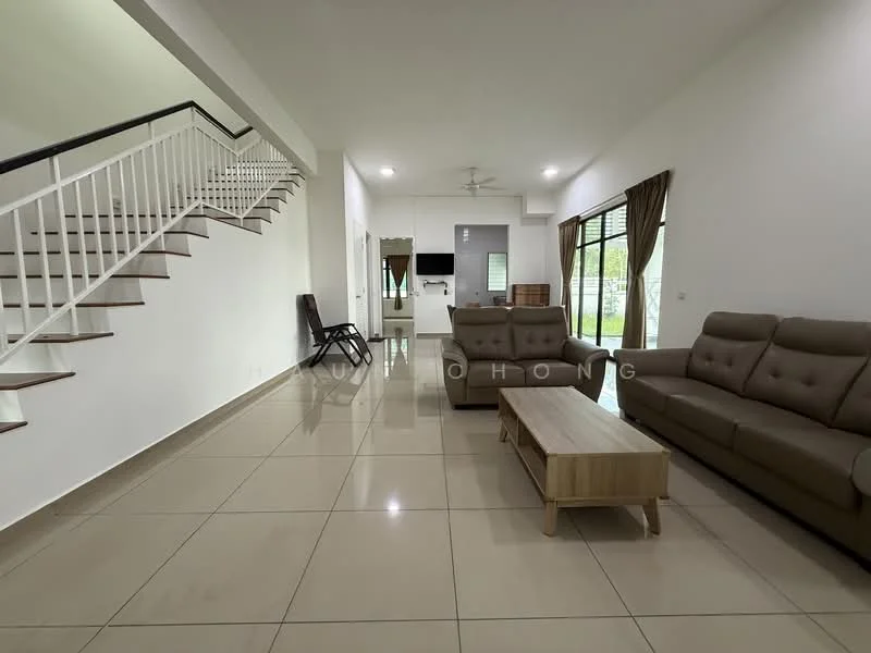 Living features: large beige fabric sofa, wooden coffee table, cream painted walls, glossy beige tile flooring, ceiling fan with light, floor-to-ceiling windows, brown curtains, open layout, staircase with white railing; style: modern.
