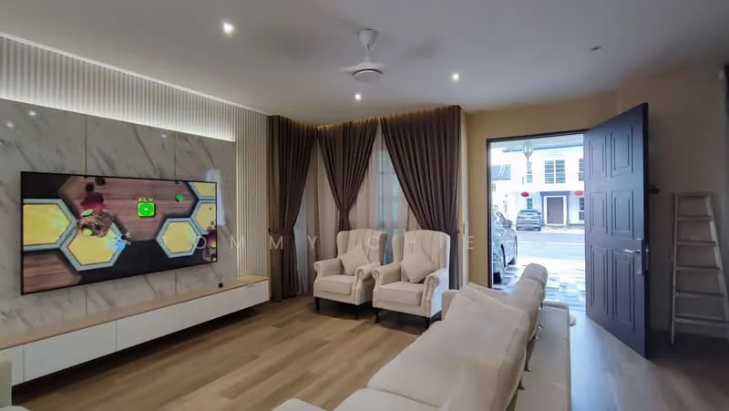 Living features: light-coloured fabric sofa, 2 armchairs in cream, wooden TV console, large wall-mounted TV, marble accent wall, recessed lighting, ceiling fan, curtains in dark brown, wooden flooring, double-door entrance, large windows, decorative wall paneling; style: modern; view: street.