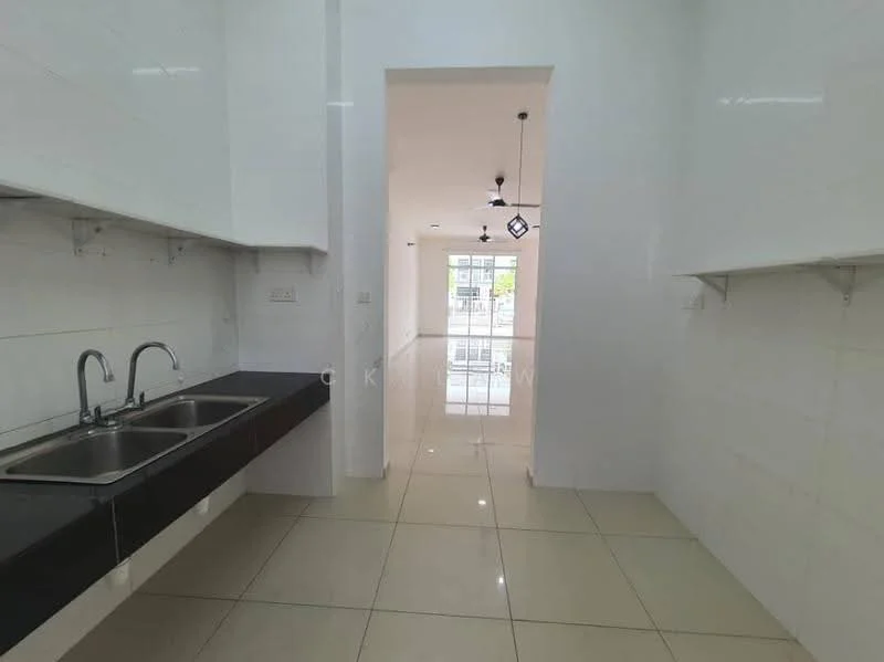 Kitchen features: double-bowl stainless-steel sink, chrome pull-down faucet, black granite countertop, white tiled walls, glossy white cabinetry, ceramic tile flooring, recessed downlights, open layout to living area; style: modern. Room features: large windows allowing natural light, white walls, open space leading to living area.