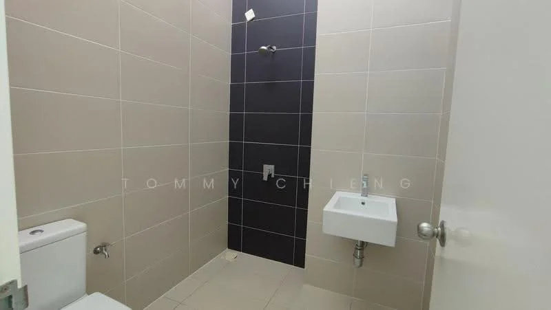 Bathroom features: white toilet, wall-mounted sink, black accent wall, light grey tiled walls, cream tiled walls, shower area with no enclosure, floor tiles, chrome faucet; style: modern.