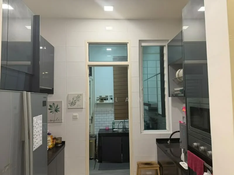 Kitchen features: grey cabinetry, black countertop, stainless-steel fridge, built-in oven, microwave, sink, tile backsplash, wall-mounted shelves, window with natural light, recessed lighting; style: modern.