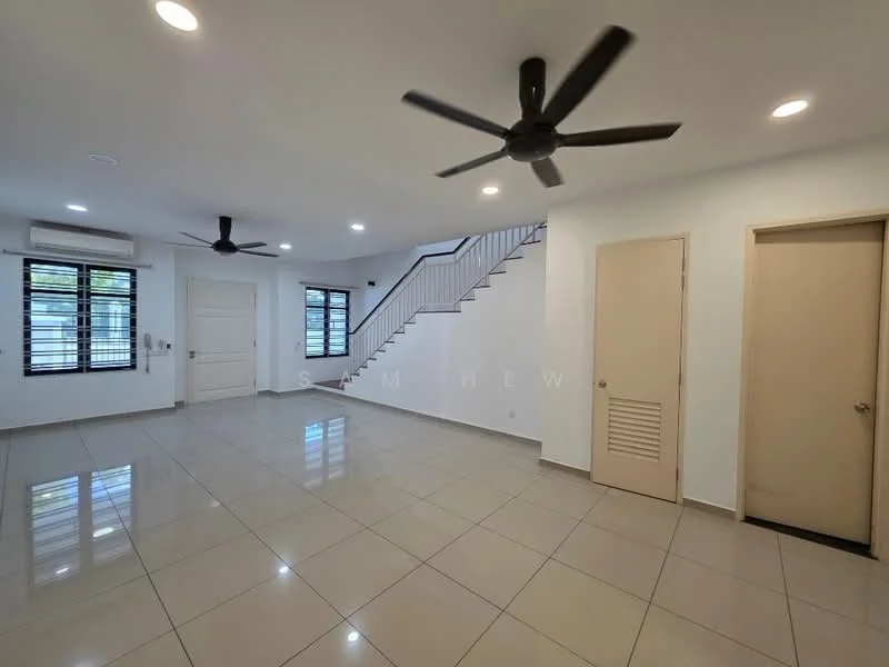 Living features: glossy ceramic tile flooring, white painted walls, recessed downlights, 2 ceiling fans, large windows with black frames, door leading to outside, staircase with white railing, built-in storage closet; style: modern.