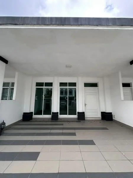 Exterior features: white painted facade, flat roof, large glass windows, double main entrance door, grey and cream tiled flooring, planters at entrance, minimalist design, surrounded by open space; style: modern.