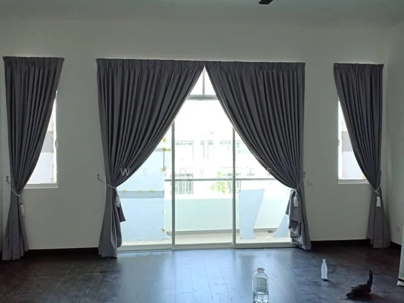 Room features: grey curtains, floor-to-ceiling windows, sliding glass door, dark wood flooring, white painted walls, balcony view, natural light; style: modern.
