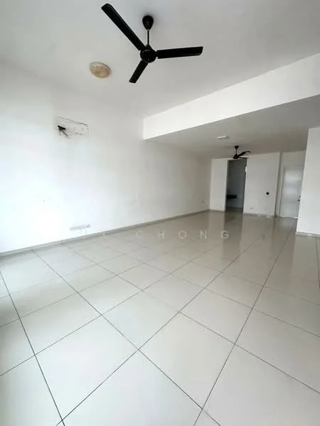Room features: white painted walls, glossy ceramic tile flooring, 2 ceiling fans, recessed downlights, open layout, large windows, neutral color scheme, no visible furniture; style: modern.