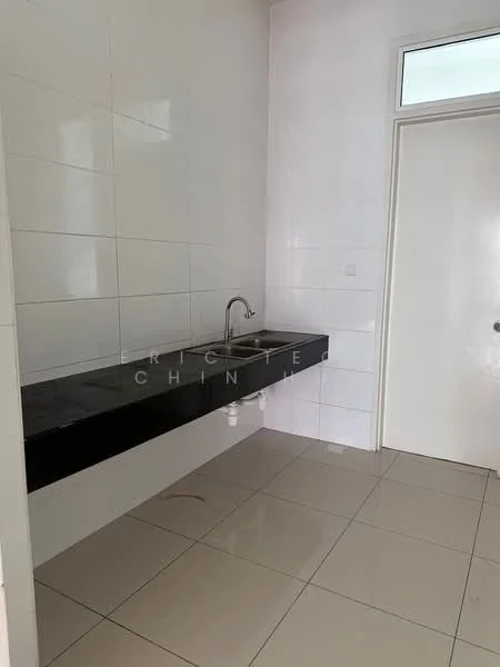 Kitchen features: black granite countertop, single-bowl stainless-steel sink, chrome pull-down faucet, white tiled walls, glossy white floor tiles, built-in cabinetry, window for natural light, door leading to another room; style: modern.
