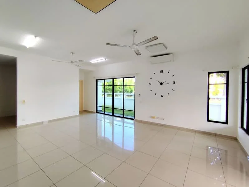 Living features: white painted walls, glossy ceramic tile flooring, tray ceiling, 3-blade ceiling fan, 2 wall-mounted split ACs, floor-to-ceiling windows, black window frames, clock on wall; style: modern; view: garden.