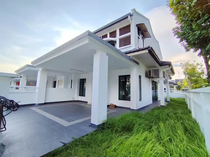 Exterior type: detached bungalow; features: white painted facade, flat roof, approximately 2-storey, manicured lawn, paved walkway, large windows, outdoor patio area, air conditioning units visible, surrounded by greenery; style: modern.