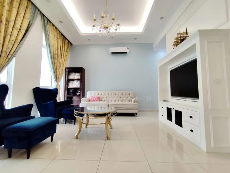 Living features: cream upholstered sofa, 2 blue velvet armchairs, glass coffee table with gold frame, white built-in TV console, wall-mounted flat-screen TV, recessed ceiling lights, chandelier, white tiled flooring, curtains with gold pattern, air conditioning unit on wall; style: modern.