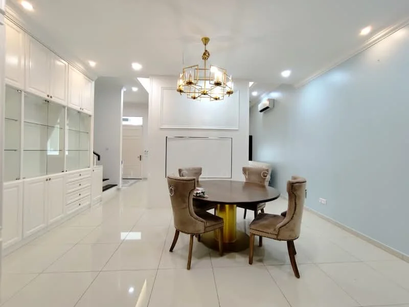 Dining features: round dining table with gold base, 4 upholstered dining chairs in beige, chandelier with gold accents, white built-in cabinetry with glass doors, light blue painted walls, white tiled flooring, wall-mounted air conditioning unit, recessed LED downlights; style: modern.