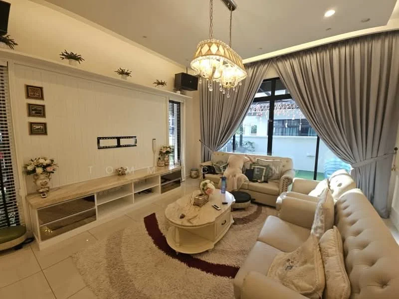 Living features: cream painted walls, white ceiling with recessed lighting, 3-seater fabric sofa in cream, 2-seater fabric sofa in cream, coffee table with round top, area rug with circular pattern, wall-mounted TV, entertainment unit with storage, floor-to-ceiling windows with sheer curtains, decorative chandelier, decorative wall art, potted plants, sliding glass door leading to outdoor area; style: modern; view: garden.
