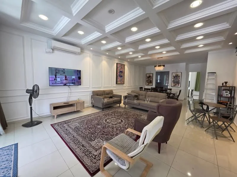 Living features: white painted walls with crown moulding, tray ceiling with recessed lighting, polished ceramic tile flooring, 3-seater fabric sofa in grey, 2-seater fabric sofa in beige, area rug with intricate pattern, wall-mounted TV, coffee table, ceiling fan, floor fan, decorative artwork on walls, dining table with chairs, ladder shelf, window treatments; style: modern.