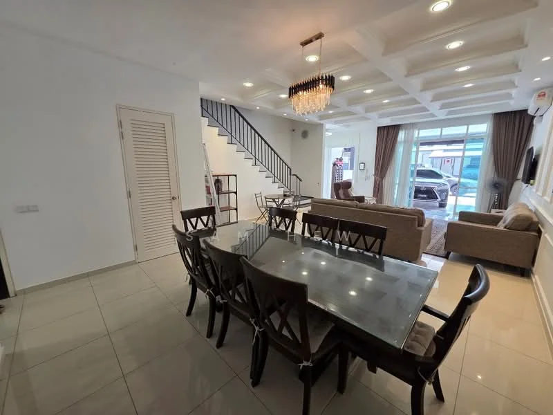 Dining features: glass dining table, 8 dining chairs, white painted walls, recessed downlights, tile flooring, crown moulding on ceiling, open layout to living area, large windows with sheer curtains; style: modern; view: garden. Living features: 2-seater fabric sofa in beige, 3-seater fabric sofa in grey, coffee table, TV console, wall-mounted TV, large sliding glass door, natural light from windows, decorative wall panel; style: modern; view: garden.