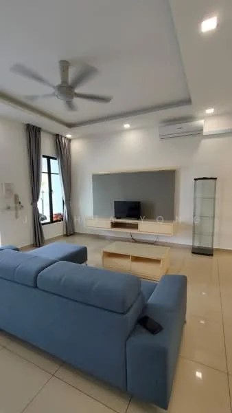 Living features: 3-seater fabric sofa in blue, wall-mounted TV, TV console with storage, light-colored feature wall, recessed downlights, ceiling fan, floor-to-ceiling window, curtains, cream tiled flooring, air conditioning unit; style: modern.