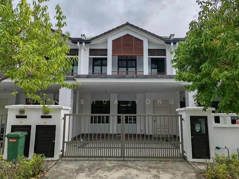Exterior type: semi-detached house; features: white painted facade, wooden window shutters, gated entrance, manicured landscaping, paved driveway, two-storey structure, balcony on upper floor, front porch area; style: modern.