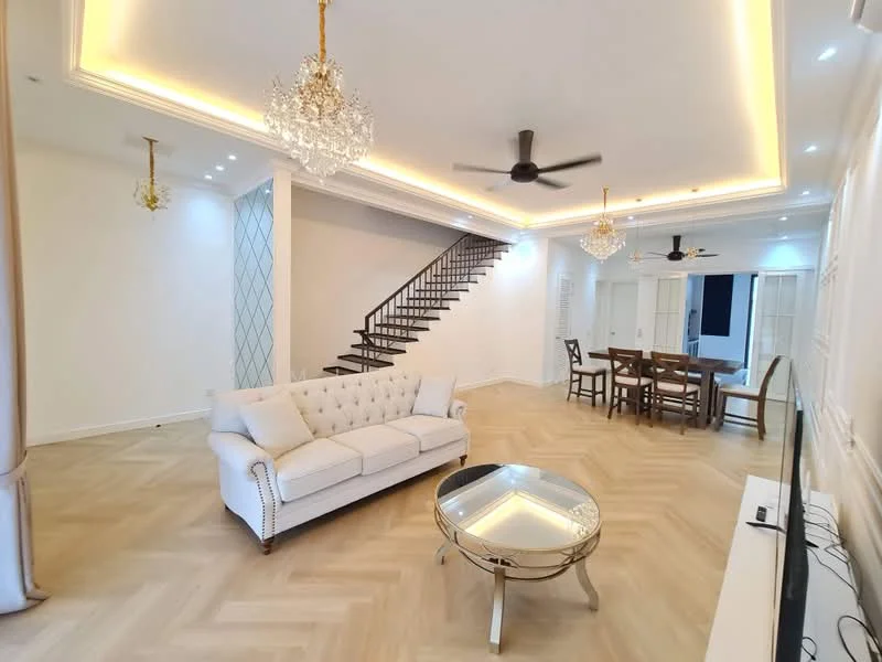 Living features: cream tufted fabric sofa, round glass coffee table, wooden dining table with chairs, 5-blade ceiling fan, chandelier lighting, recessed LED downlights, herringbone patterned wooden flooring, white painted walls with decorative moulding, staircase with wooden steps and metal railing, TV console, wall-mounted TV; style: modern.