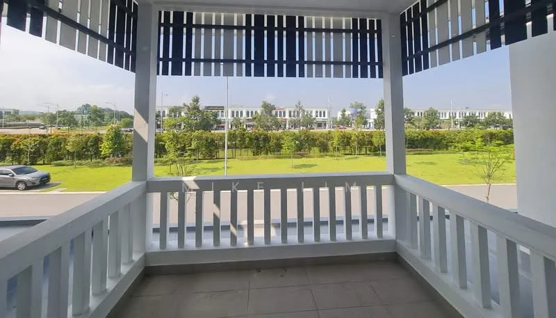Balcony features: white railing, grey tiled flooring, open view, overhead slatted roof, surrounding greenery, street view, two columns supporting the roof; style: modern; view: garden.