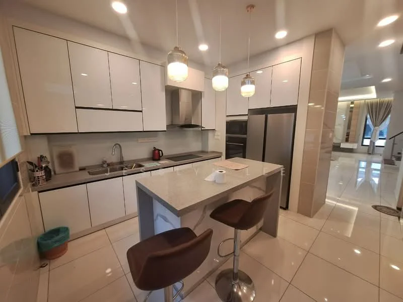 Kitchen features: white cabinetry with flat-panel doors, grey granite countertop, stainless-steel double-bowl sink, chrome pull-down faucet, built-in oven, freestanding range oven, stainless-steel refrigerator, pendant lighting above island, bar stools at island, ceramic tile flooring, recessed downlights, window with sheer curtains; style: modern.