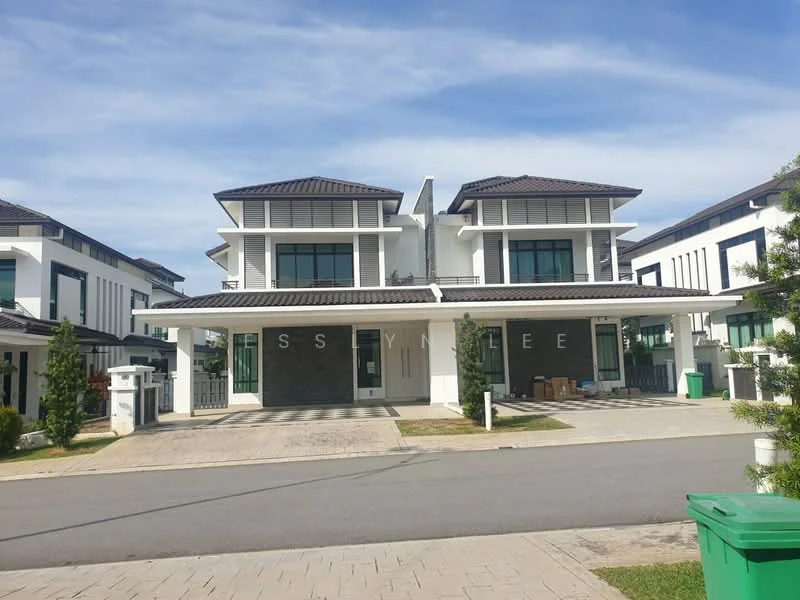 Exterior type: semi-detached house; features: white painted facade, flat roof, two-storey structure, large windows, covered car porch, manicured lawn, paved driveway, surrounded by greenery; style: modern.