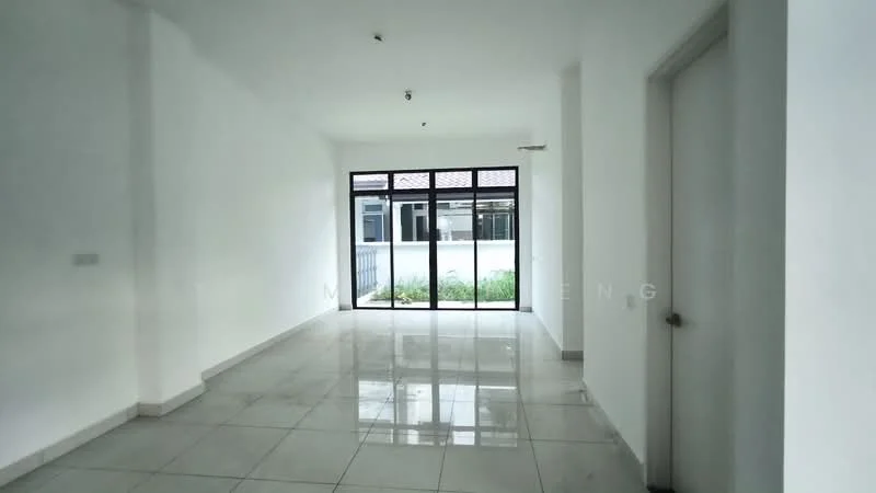 Room features: white painted walls, glossy tile flooring, large floor-to-ceiling windows, sliding glass door, natural light, minimalist design, no visible furniture, neutral color scheme; style: modern; view: garden.