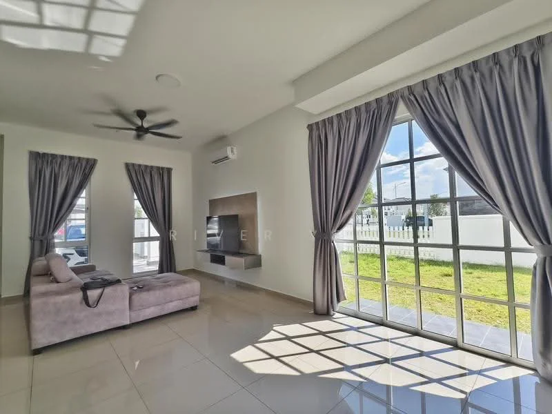 Living features: 3-seater fabric sofa in light grey, ceiling fan, wall-mounted TV, TV console, large floor-to-ceiling windows, grey curtains, white painted walls, glossy ceramic tile flooring, recessed ceiling lights; style: modern; view: garden.
