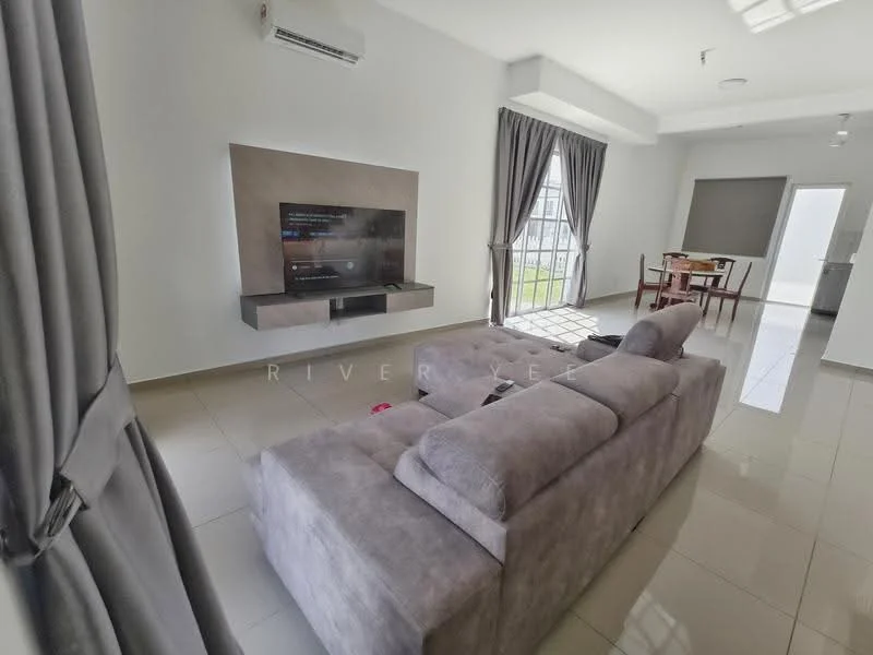 Living features: light grey fabric sofa, wall-mounted TV, floating TV console, white painted walls, glossy tile flooring, floor-to-ceiling windows, sheer curtains, dining table with chairs visible in background, recessed ceiling lights, air conditioning unit; style: modern; view: garden.