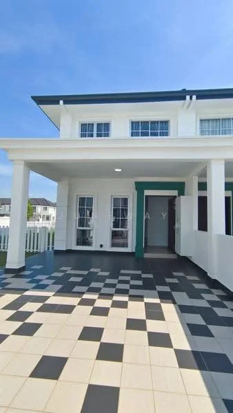 Exterior type: detached bungalow; features: white painted facade, porch with checkerboard flooring, columns supporting the roof, large windows, front entrance with door, covered entryway, manicured lawn visible in background; style: modern.