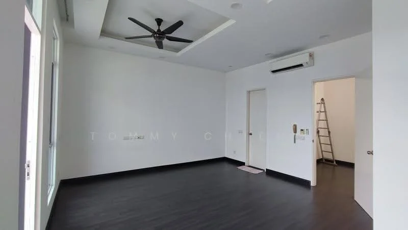 Room features: white painted walls, black laminate flooring, 5-blade ceiling fan, wall-mounted split AC, door leading to another room, door leading to hallway, recessed downlights, window with natural light; style: modern.