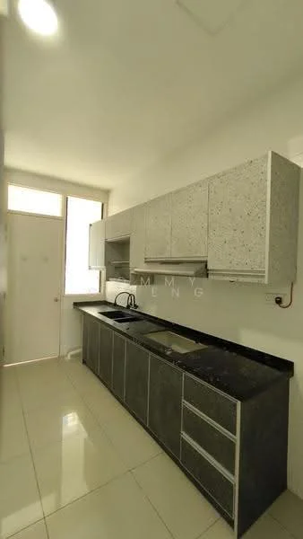 Kitchen features: grey speckled cabinetry, black granite countertop, single-bowl stainless-steel sink, chrome pull-down faucet, built-in stove, white tiled backsplash, white walls, large window for natural light, ceramic tile flooring, door leading to another room; style: modern.