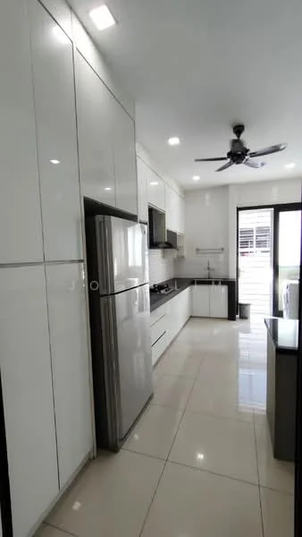 Kitchen features: white glossy cabinetry, black countertop, stainless-steel fridge, built-in oven, 4-burner gas hob, exhaust hood, double-bowl stainless-steel sink, chrome pull-down faucet, ceramic tile flooring, recessed LED downlights, ceiling fan, floor-to-ceiling windows, open shelving; style: modern.