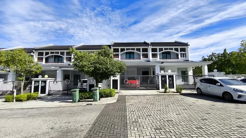 Exterior type: linked terrace house; features: white painted facade, pitched tile roof, manicured lawn, mature trees, paved driveway, fenced front yard, car porch with awning, multiple parking spaces, security gate at entrance; style: modern.